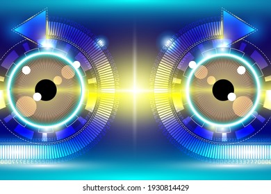 Abstract blue background reflecting light, eyes of the future world.