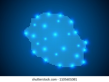 Abstract blue background with Reunion map, internet line, connected points. Reunion map with dot nodes. Global network connection concept. Wire frame 3D mesh polygonal network line. vector.