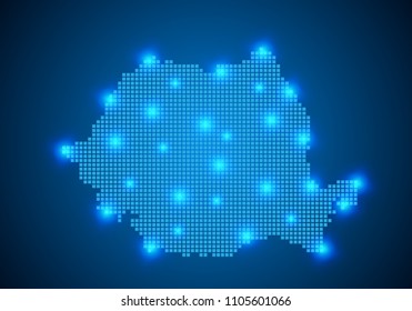 Abstract blue background with Romania map, internet line, connected points. Romania map with dot nodes. Global network connection concept. Wire frame 3D mesh polygonal network line. vector.