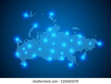 Abstract blue background with Russia map, internet line, connected points. Russia map with dot nodes. Global network connection concept. Wire frame 3D mesh polygonal network line. vector.