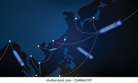 abstract blue background of SEA asia shipping cargo trade route with world map