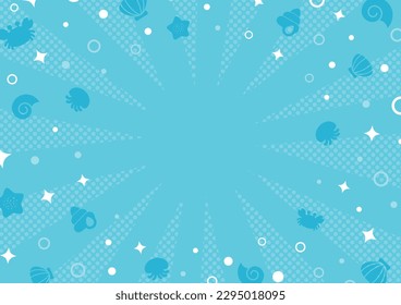 Abstract blue background with seashells and stars. Vector illustration.