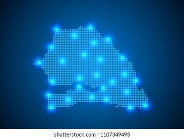Abstract blue background with Senegal map, internet line, connected points. Senegal map with dot nodes. Global network connection concept. Wire frame 3D mesh polygonal network line. vector.