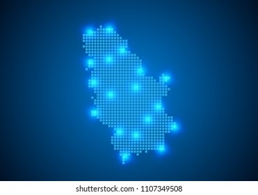 Abstract blue background with Serbia map, internet line, connected points. Serbia map with dot nodes. Global network connection concept. Wire frame 3D mesh polygonal network line. vector.