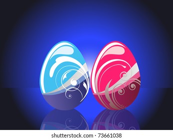 abstract blue background with set of two decorated egg