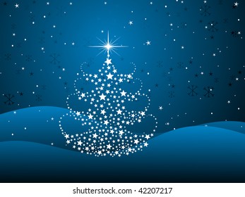 abstract blue background with shiny star pattern xmas tree