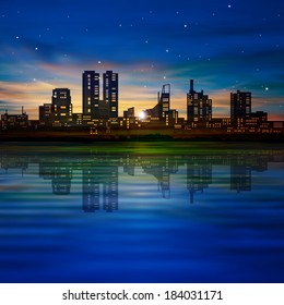 abstract blue background with silhouette of city and golden sunset