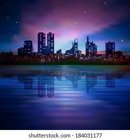 abstract blue background with silhouette of city and sunrise