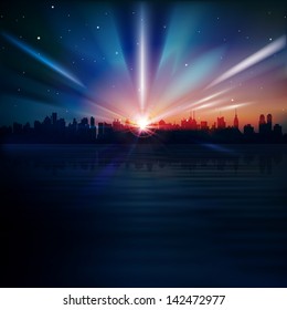 abstract blue background with silhouette of New York and sunrise