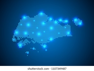 Abstract blue background with Singapore map, internet line, connected points. Singapore map with dot nodes. Global network connection concept. Wire frame 3D mesh polygonal network line. vector.