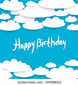 Abstract blue background, sky, white clouds. Happy Birthday Card. vector