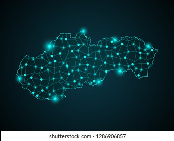 Abstract blue background with Slovakia map, internet line, connected points. Slovakia map with dot nodes. Global network connection concept. Wire frame 3D mesh polygonal network line. vector. - Vector