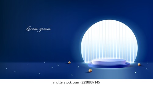 Abstract blue background with smooth lighting with a podium for product display. 3d rendering.