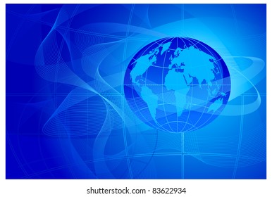 Abstract blue background with smooth lines and planet, vector illustration