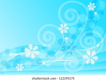 abstract blue background with snowflakes and curls