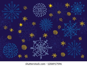Abstract blue background of blue snowflakes and yellow stars. Openwork colorful vector drawing.