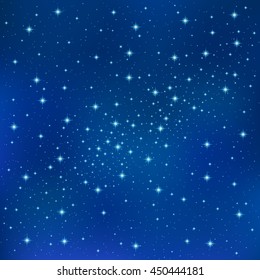 Abstract Blue background with sparkling twinkling stars. Cosmic shiny galaxy (atmosphere). Holiday blank backdrop texture for Christmas (Xmas), Happy New Year , glow milky way elements (fantasy sky)