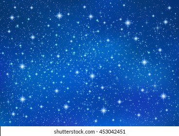 Abstract Blue background with sparkling twinkling stars. Cosmic shiny galaxy (atmosphere). Holiday blank backdrop texture for Christmas (Xmas), Happy New Year , glow milky way elements (fantasy sky)