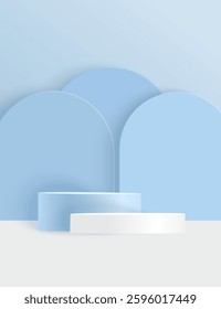 Abstract blue background, stage mockup for product display. Blue shapes with podium background.