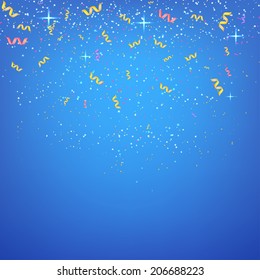 Abstract blue background with streamers and confetti. Vector illustration.