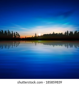 abstract blue background with sunrise and forest lake