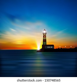 abstract blue background with sunrise and lighthouse