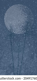 Abstract blue background with a texture of scuffs, irregularities, roughness, folds with a contour of plants and a light planet.  Vector illustration for web wallpapers, banners and backdrops