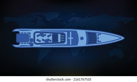 abstract blue background of top view large luxury yacht with world map