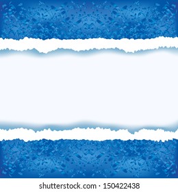 Abstract blue background with torn paper. Winter frame, place for text. Vector background