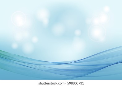Abstract blue background with transparent blue wave and bright sunlight.