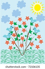 Abstract blue background with tree and flowers. Illustrations