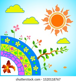 Abstract blue background, tree With orange sun and yellow clouds