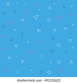 Abstract blue background with triangles and circles. Vector seamless pattern with geometric figures. Hipster fill. Color image. Holiday composition. Multipurpose backdrop. Blank for holidays, banners