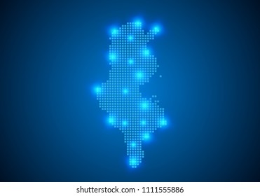 Abstract blue background with Tunisia map, internet line, connected points. Tunisia map with dot nodes. Global network connection concept. Wire frame 3D mesh polygonal network line. vector.