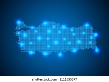 Abstract blue background with Turkey map, internet line, connected points. Turkey map with dot nodes. Global network connection concept. Wire frame 3D mesh polygonal network line. vector.