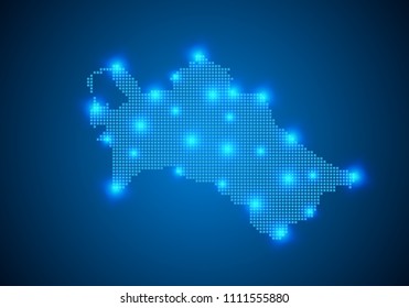 Abstract blue background with Turkmenistan map, internet line, connected points. Turkmenistan map with dot nodes. Global network connection concept. Wire frame 3D mesh polygonal network line. vector.