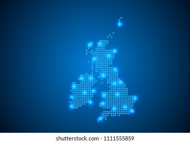 Abstract blue background with United Kingdom map, internet line, connected points. UK map with dot nodes. Global network connection concept. Wire frame 3D mesh polygonal network line. vector.