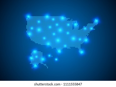 Abstract blue background with United state of America map, internet line, connected points. USA map with dot nodes. Global network connection concept. Wire frame 3D mesh polygonal network line. vector