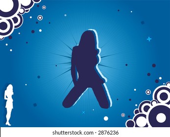 An abstract blue background with an urban feel and a sexy silhouette of a woman kneeling