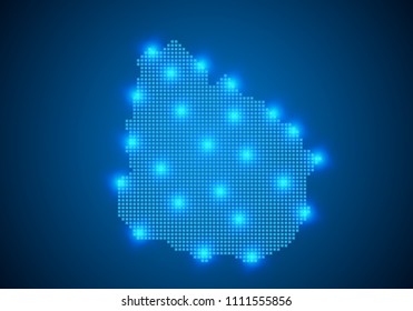 Abstract blue background with Uruguay map, internet line, connected points. Uruguay map with dot nodes. Global network connection concept. Wire frame 3D mesh polygonal network line. vector.