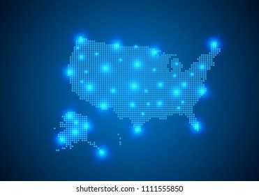 Abstract blue background with USA map, internet line, connected points.  US map with dot nodes. Global network connection concept. Wire frame 3D mesh polygonal network line. vector.