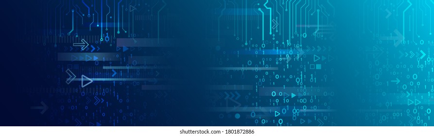 Abstract blue background with various technology elements. Wide Hi-tech communication concept. Connection structure vector illustration. CIrcuit board and binary stream.