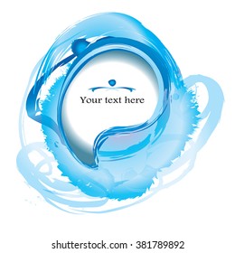 Abstract blue background - vector watercolor painting. Paisley or drop of water as frame painted by brush strokes and blue splashes. Isolated on white. Blue water creative concept.