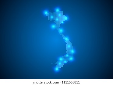 Abstract blue background with Vietnam map, internet line, connected points. Vietnam map with dot nodes. Global network connection concept. Wire frame 3D mesh polygonal network line. vector.