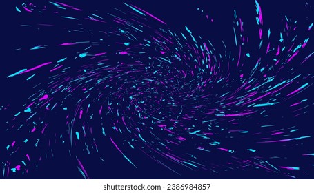 Abstract blue background with a vortex, a spiral of particles flying in space. Vector image on a black background with grunge texture.