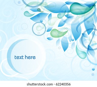Abstract blue background with water drops, leaves and circles