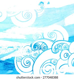 Abstract blue background with watercolor texture and doodle waves
