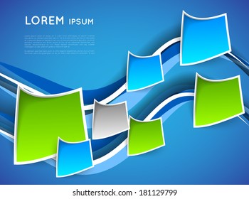 abstract blue background with wave and paper tags, squares