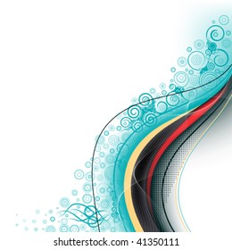 abstract blue background with wavy lines and spiral ornaments