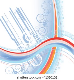  abstract blue background with wavy orange and blue lines, spiral ornaments and industrial elements